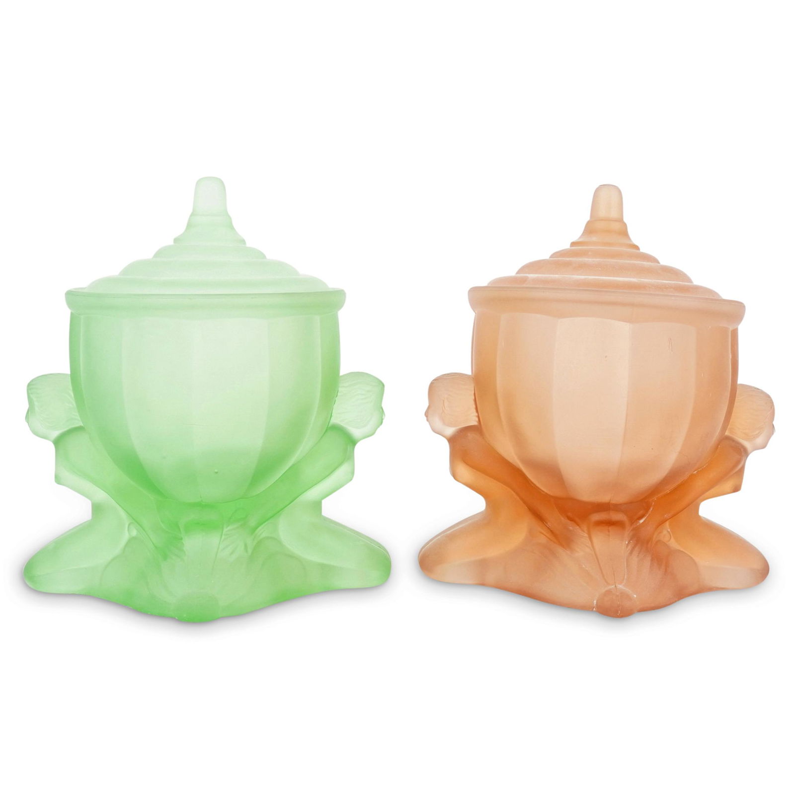 (2 Pc) 1930s Art Deco Depression Era Glass Figural Powder Jars (1 of 9)