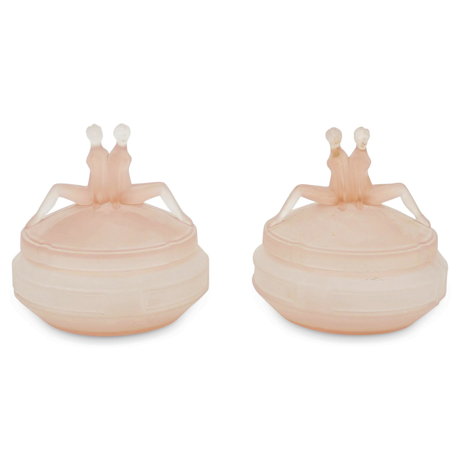 (2 Pc) 1930s Art Deco L.E. Smith "Twins" Depression Glass Powder Boxes: DESCRIPTION: (2 Pc) A Pair of Art Deco L.E. Smith Depression Glass vanity powder boxes with lid, in frosted green and pink glass. This pair of matching rounded vanity boxes are designed with a figural