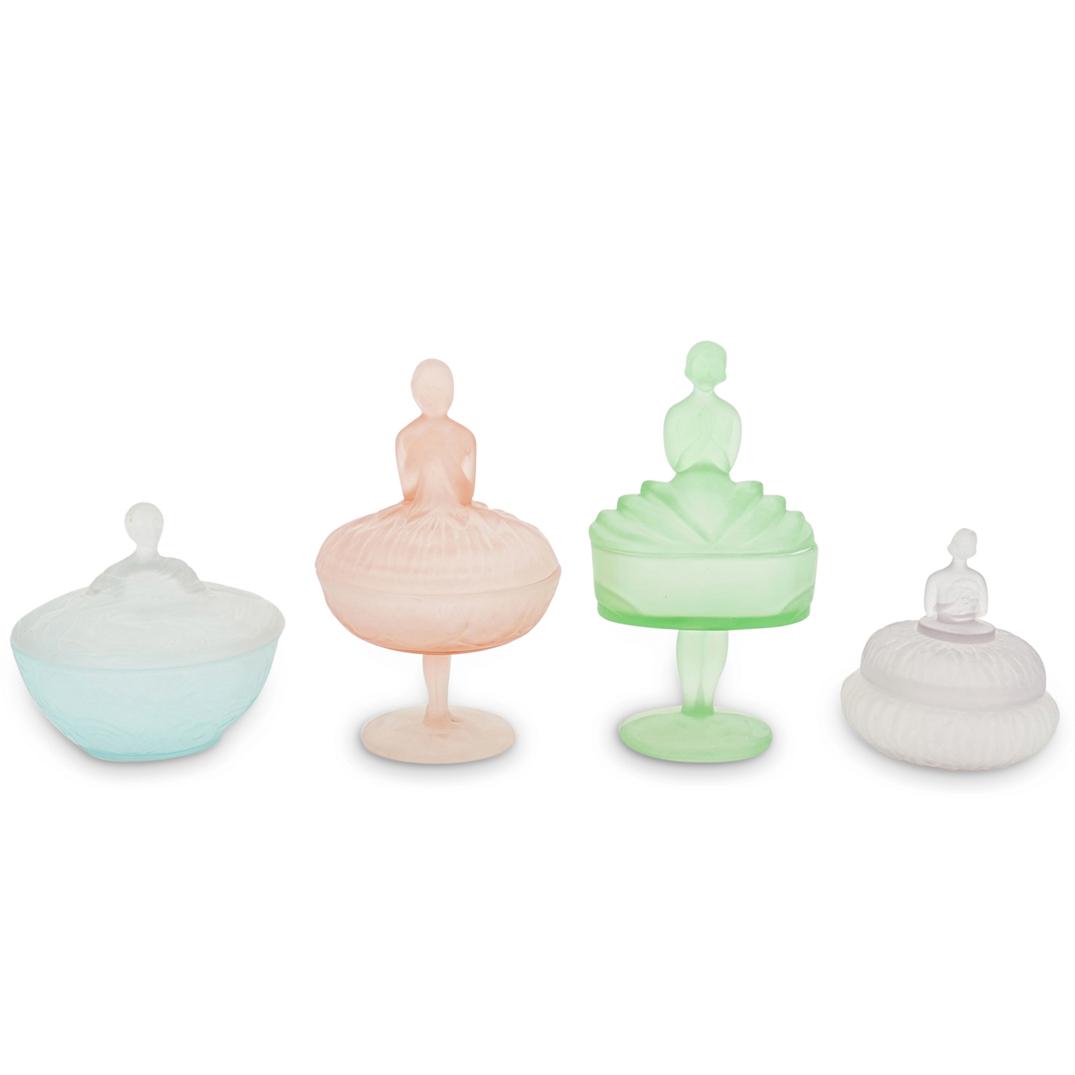 (4 Pc) 1930s Art Deco Depression Glass Vanity Powder Boxes Set (1 of 9)