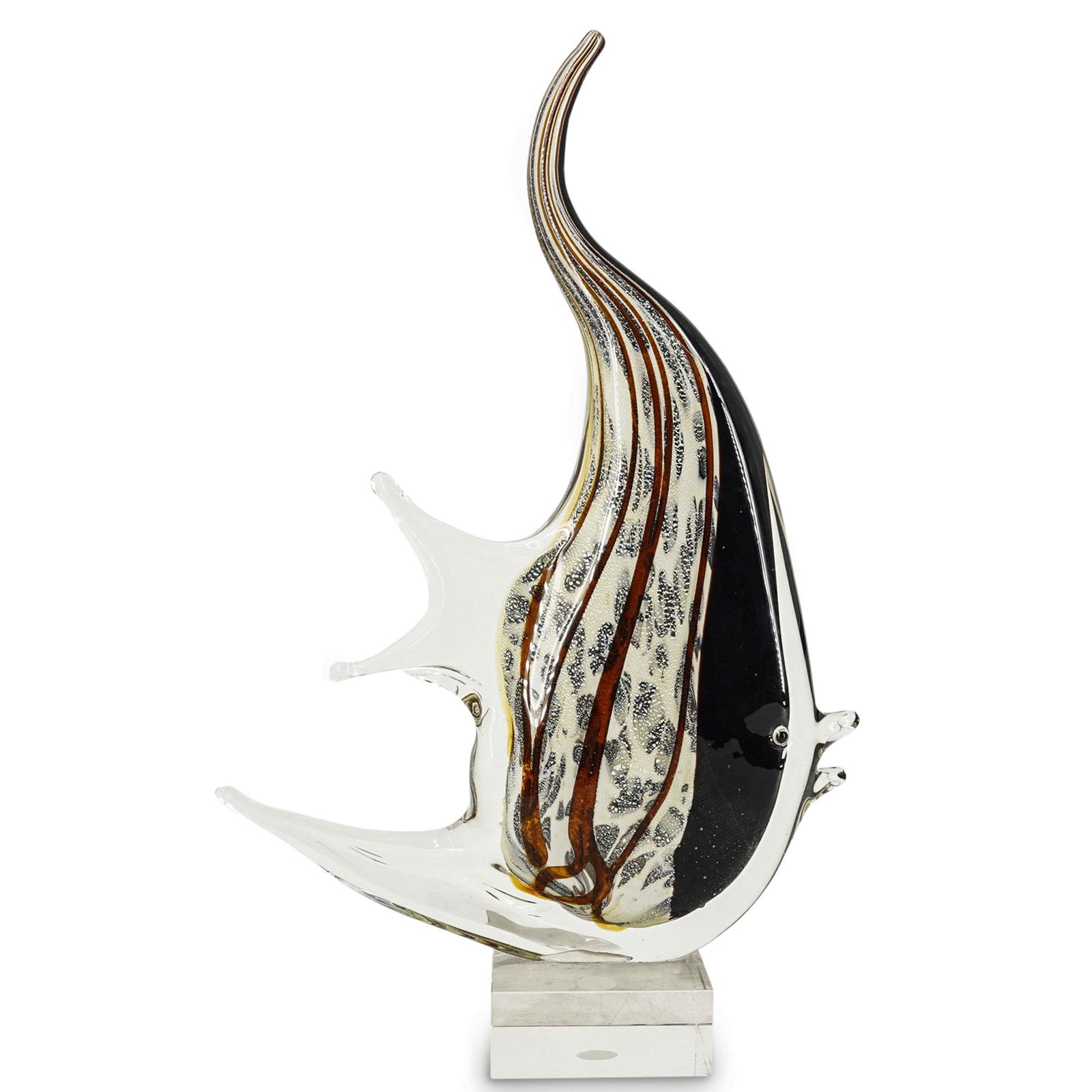 Murano Glass Fish: DESCRIPTION: Murano sculpture depicting an angelfish composed of a clear glass layer over a polychrome foundation in shades of yellow, white, and black. Piece is mounted on a lucite base. Sticker on u