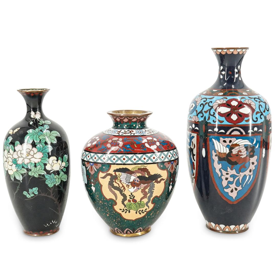 (3 Pc) Japanese Cloisonne Vase Lot (1 of 13)