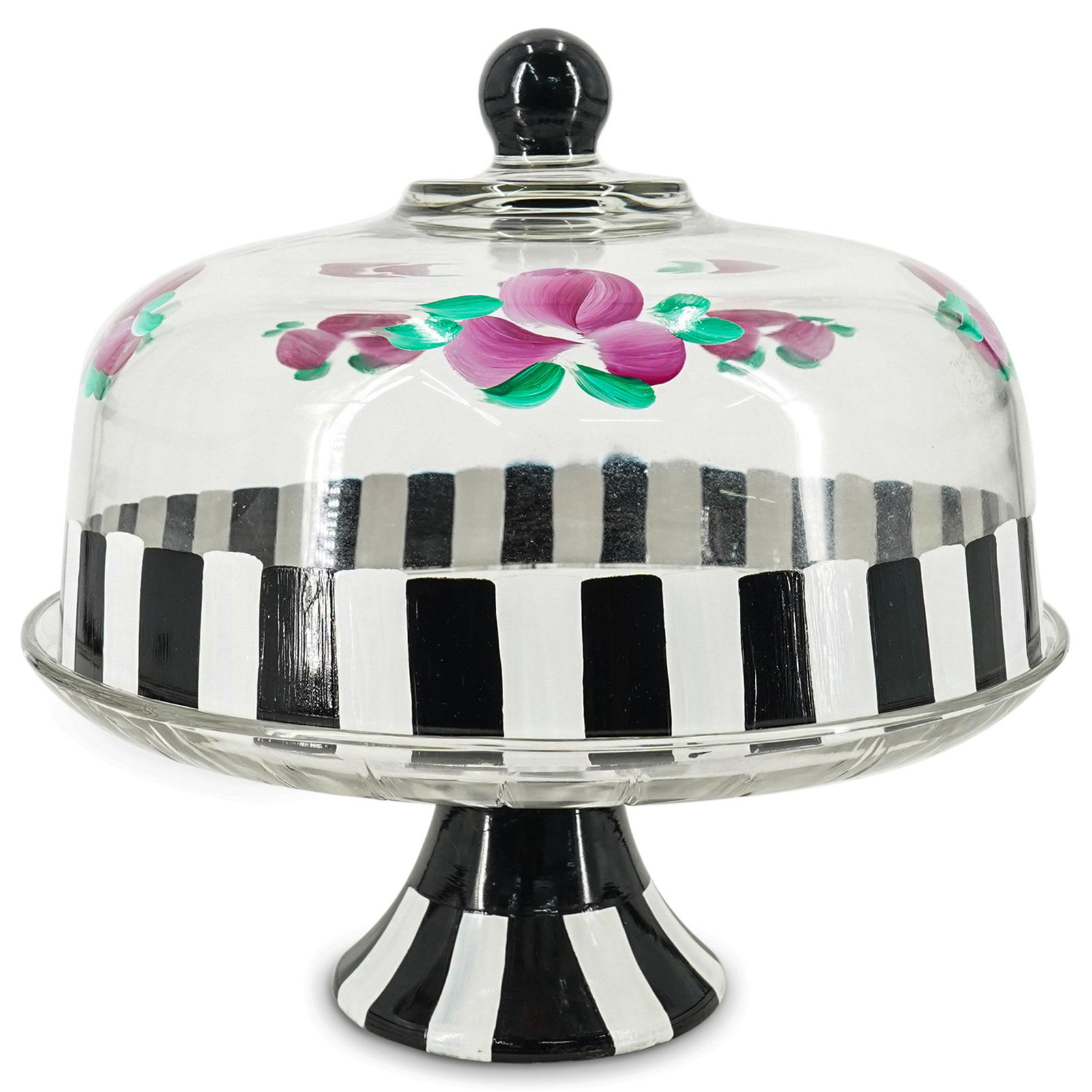 MacKenzie Childs Style Crystal and Enamel Cake Dish: DESCRIPTION: MacKenzie Childs style crystal lidded cake dish with enamel black and white stripes around foot and lid rim. Pink flowers depicted around lid. CIRCA: 20th Century ORIGIN: USA DIMENSIONS: 