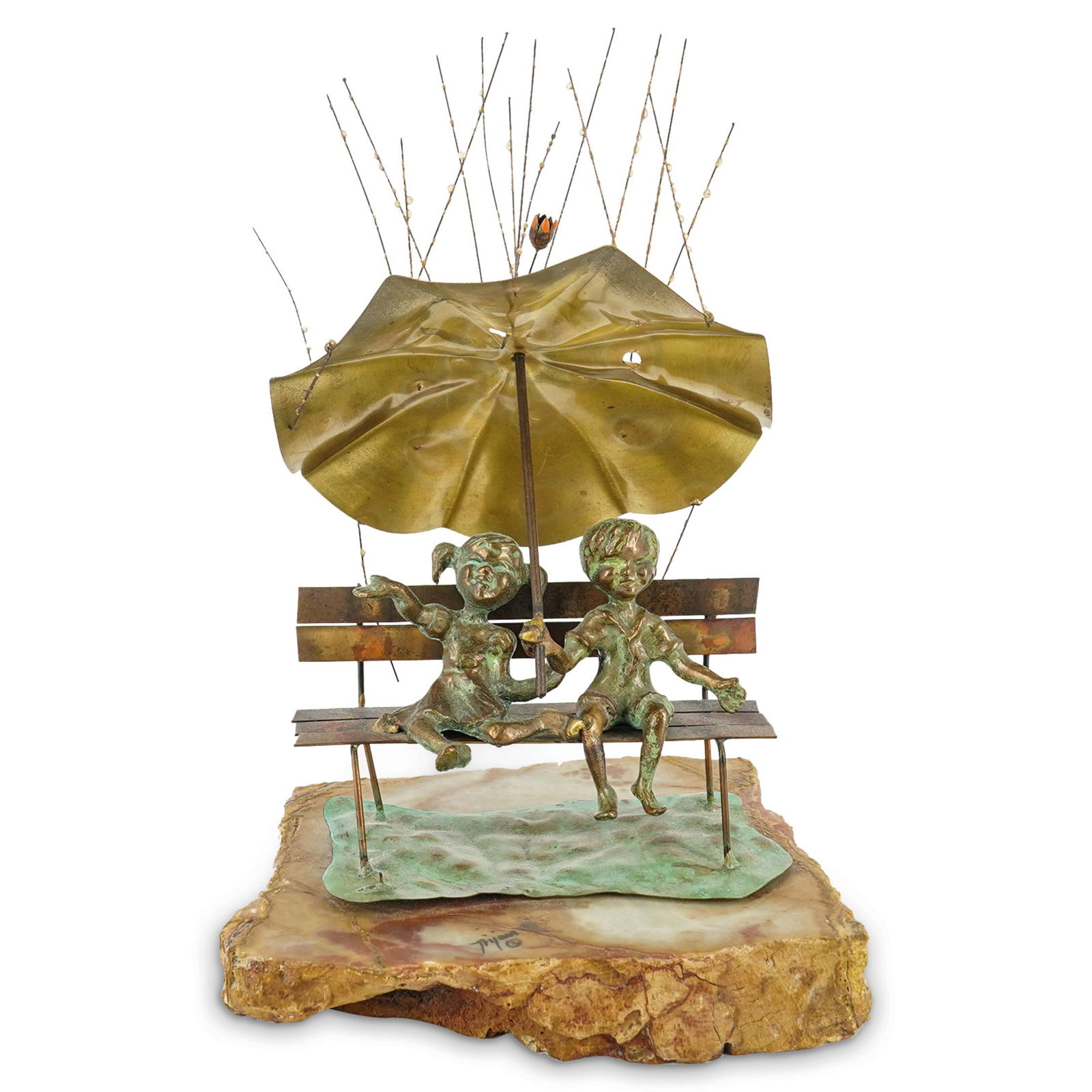 Signed Bijan "Boy And Girl Under The Rain" Bronze and Copper Sculpture (1 of 6)