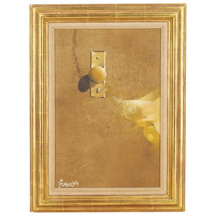 John RummelHoff (1942-2018) Doorknob Oil Painting on Burlap: DESCRIPTION: Oil painting on burlap by John RummelHoff (1942-2018) of a brass doorknob on yellow ochre background. Signed at the bottom left "RummelHoff". Mounted in gold-tonedd wood frame. CIRCA: 20t