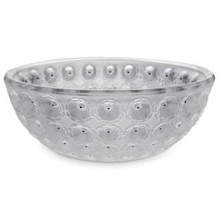 Lalique "Nemours" Crystal Center Bowl: DESCRIPTION: A french Lalique "Nemours" crystal bowl with a daisy pattern. Marked with etched "Lalique France" signature. (Ref. P6). CIRCA: 20th Century. ORIGIN: France. DIMENSIONS: H: 10" W: 4"