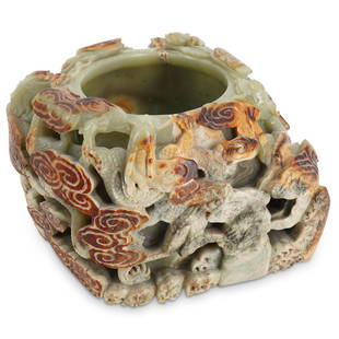 18th Cent. Chinese Jade Brush Pot Master Of The Rock School Carving: DESCRIPTION: Antique jade brush pot carved by a master of the rock school featuring carefully crafted polychrome open-work dragons weaving in and out of polychrome clouds, both in high relief.