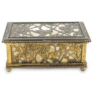 Tiffany Studios Grapevine Vanity Box: DESCRIPTION: Tiffany Studios vanity box featuring a bronze frame decorated with grapevine designs and stained glass insets. Piece is lined inside with velvet and features a removable inside tray revea