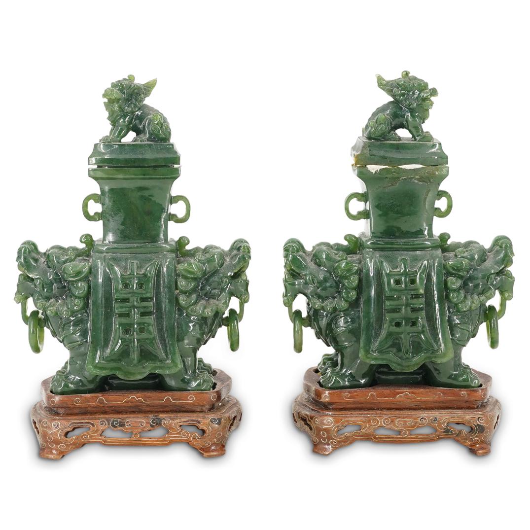 Pair Of Chinese Spinach Jade Foo Dog Urns (1 of 7)