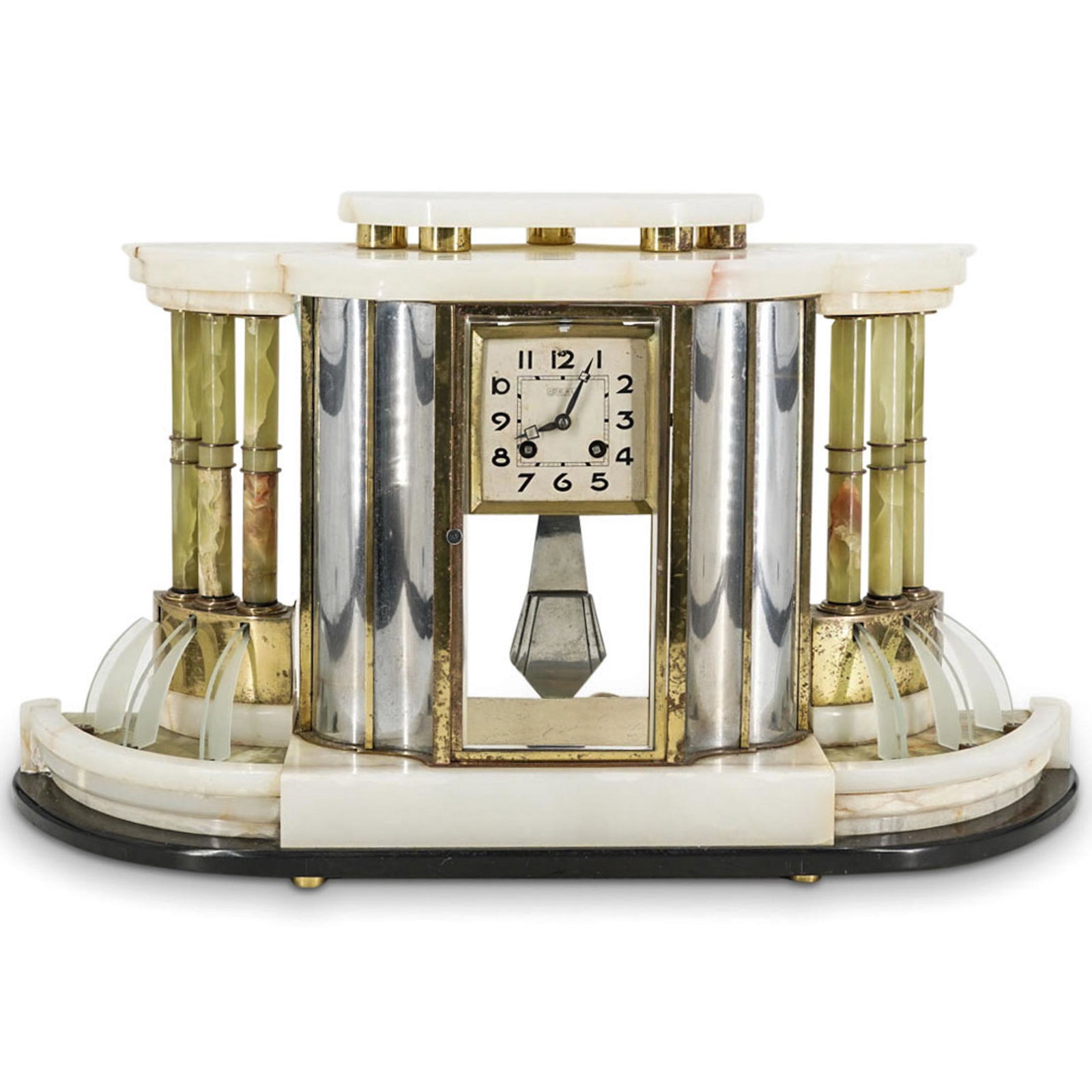 French Ideal Onyx Clock: DESCRIPTION: Ideal brand Art Deco clock featuring an onyx and brass casing with glass pane accents. Piece is structured as a colonnade with green onyx columns mounted on curved brass supports on a pol