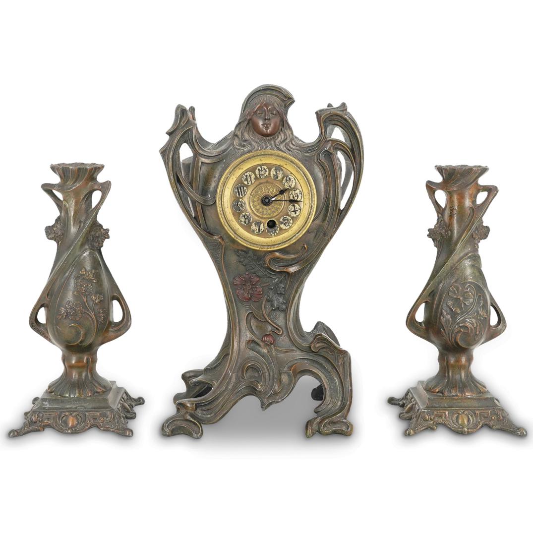 (3 Pc) French Art Nouveau Three-Piece Mantle Clock Set (1 of 6)