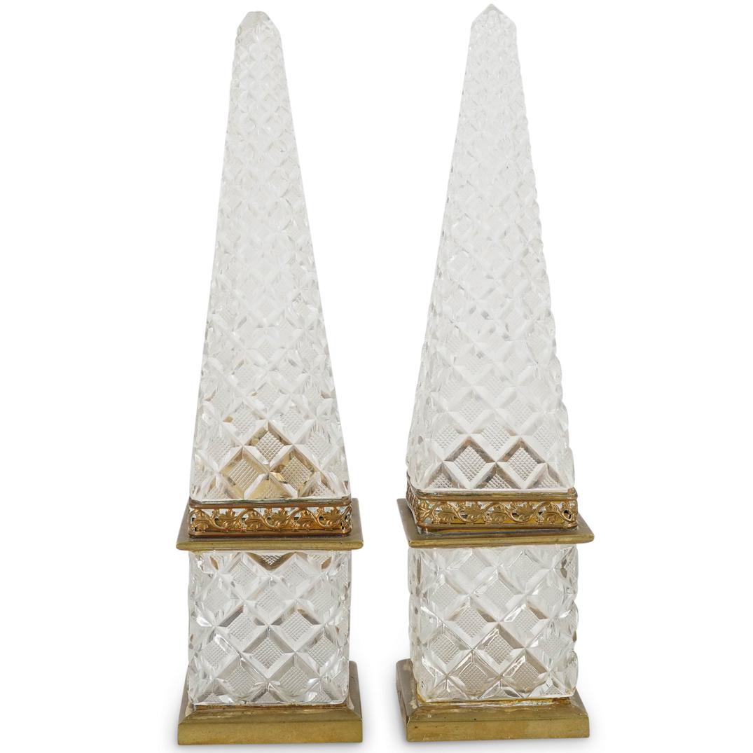 Pair Of Baccarat Style Cut Crystal Lighter And Ashtray Obelisks (1 of 9)