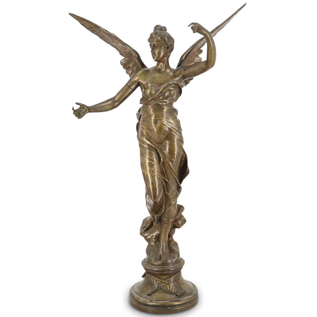Eugene Marioton (1854-1933, French) "L'Inspiration" Bronze Statue: DESCRIPTION: Bronze sculpture entitled "L'Inspiration" by Eugene Marioton depicting a winged woman wrapped in cloth standing on a stone upon a platform labeled with a scroll and a quill. Scroll is mar