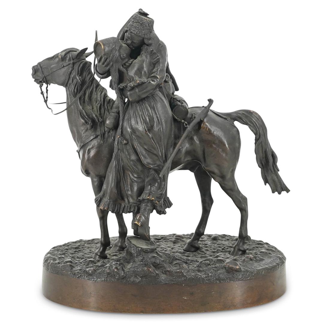 Vasiliy Grachev (Russian, 1831) "The Cossackâ€™s Farewell" Russian Bronze Sculpture: DESCRIPTION: A late 19th century russian Vasily Yakovlevich Grachev (Russian, 1831-1905) "The Cossackâ€™s Farewell" bronze bronze sculpture of a Cossack mounted on his steed embracing his lover a