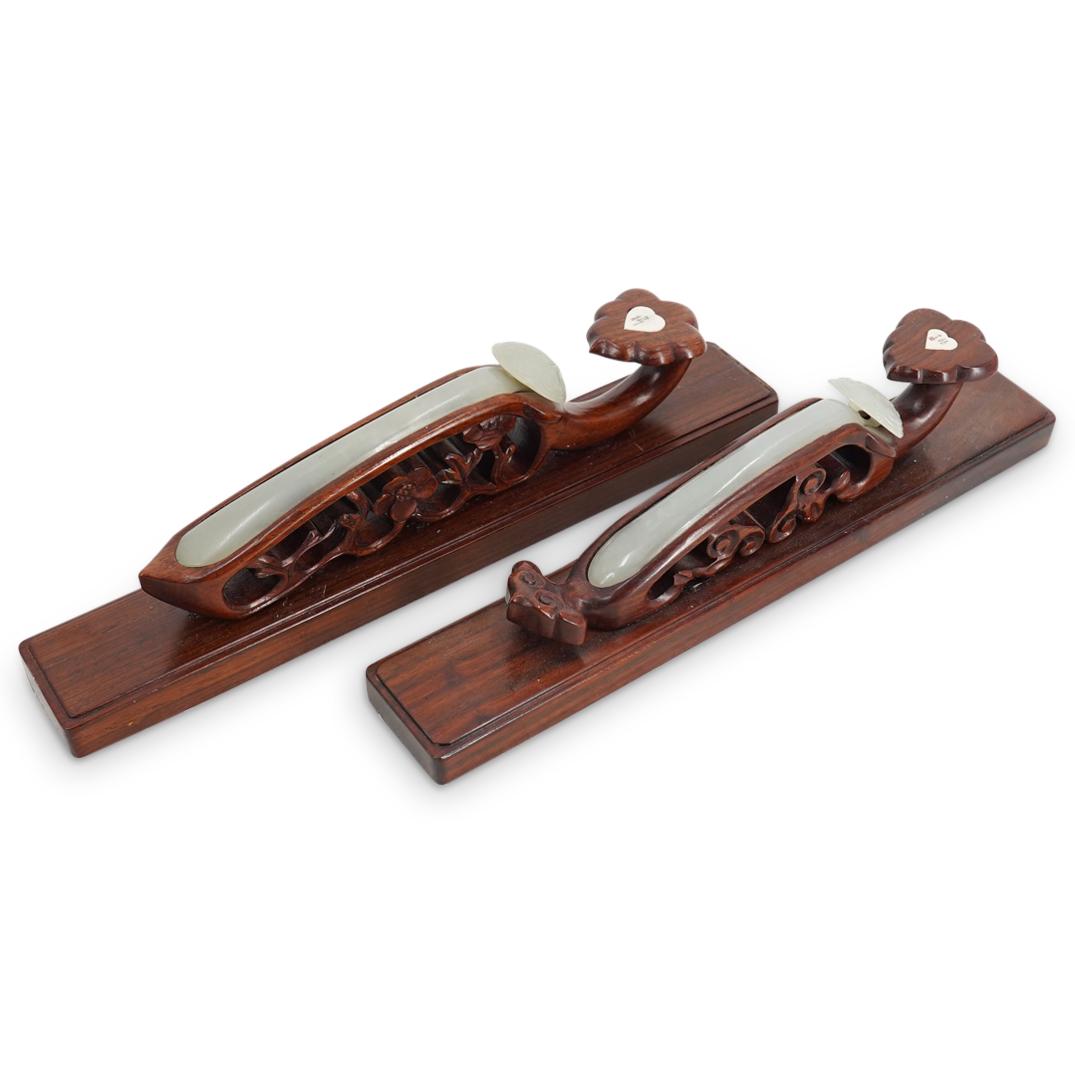 Pair Antique Chinese Jade Hair Pin Scroll Weights: DESCRIPTION: A pair of antique jade Hair Pins mounted in wood carved stands - utilized as scroll weights. Stands inlaid with character marked bone plaques. Converted into door handles. Provenance: Par