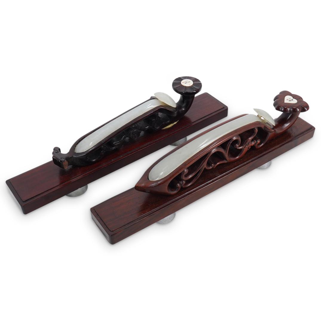 Pair Antique Chinese Jade Hair Pin Scroll Weights: DESCRIPTION: A pair of antique jade Hair Pins mounted in wood carved stands - utilized as scroll weights. Stands inlaid with character marked bone plaques. Provenance: Park Avenue Estate, NY. From a P