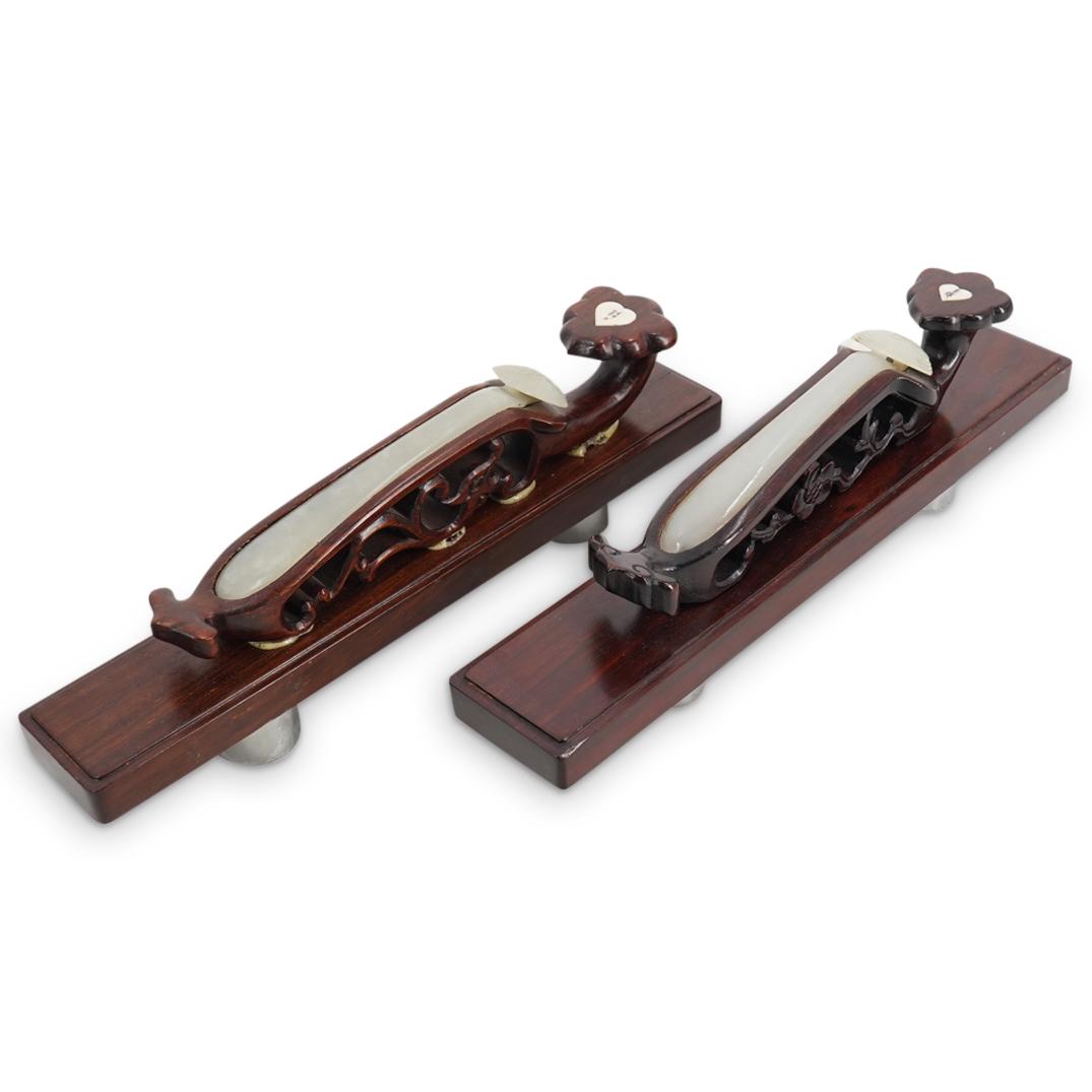 Pair Antique Chinese Jade Hair Pin Scroll Weights: DESCRIPTION: A pair of antique jade hair pins mounted in wood carved stands - utilized as scroll weights. Stands inlaid with character marked bone plaques.Provenance: Park Avenue Estate, NY. From a Pr