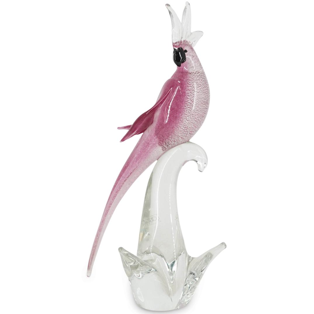 Vintage Oggetti Murano Glass Cockatoo: DESCRIPTION: Vintage Oggetti Murano glass sculpture of a pink cockatoo with a black beak and eyes atop a clear floral base. Has a orange "Murano Made in Italy" sticker and "Oggetti Italy" sticker at t
