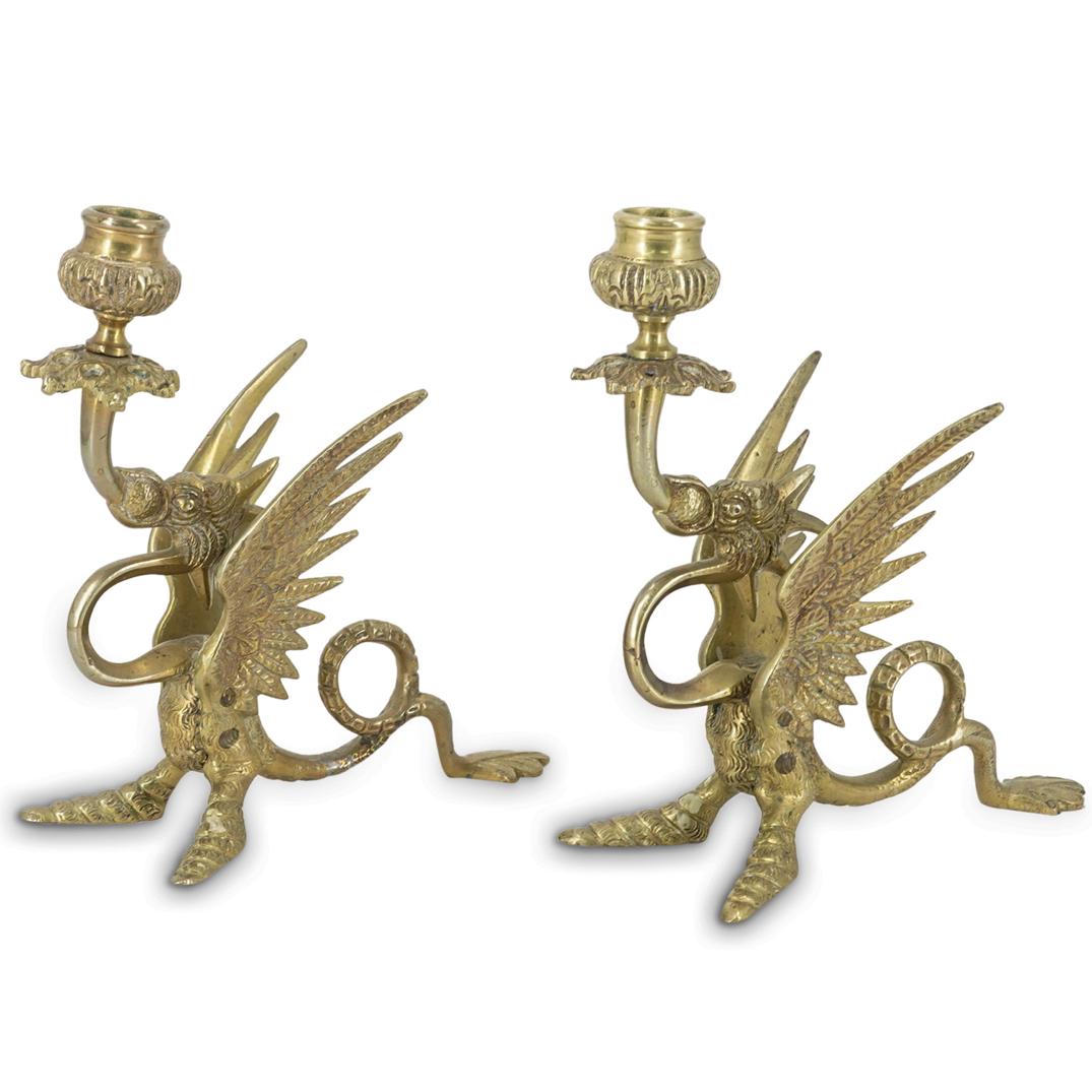 Pair of French Brass Dragon Candlesticks (1 of 6)