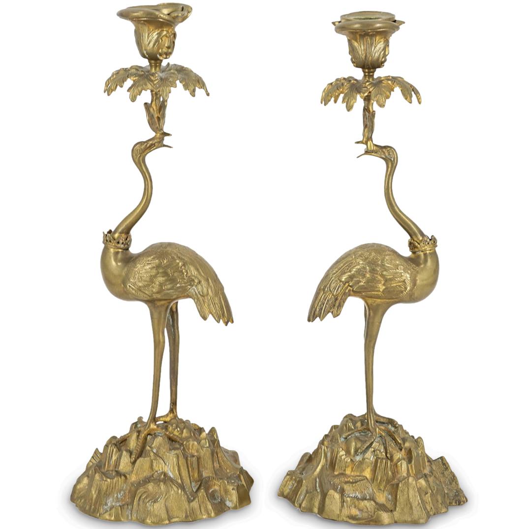 Pair of Antique Bronze Crane Candlestick Holders (1 of 6)
