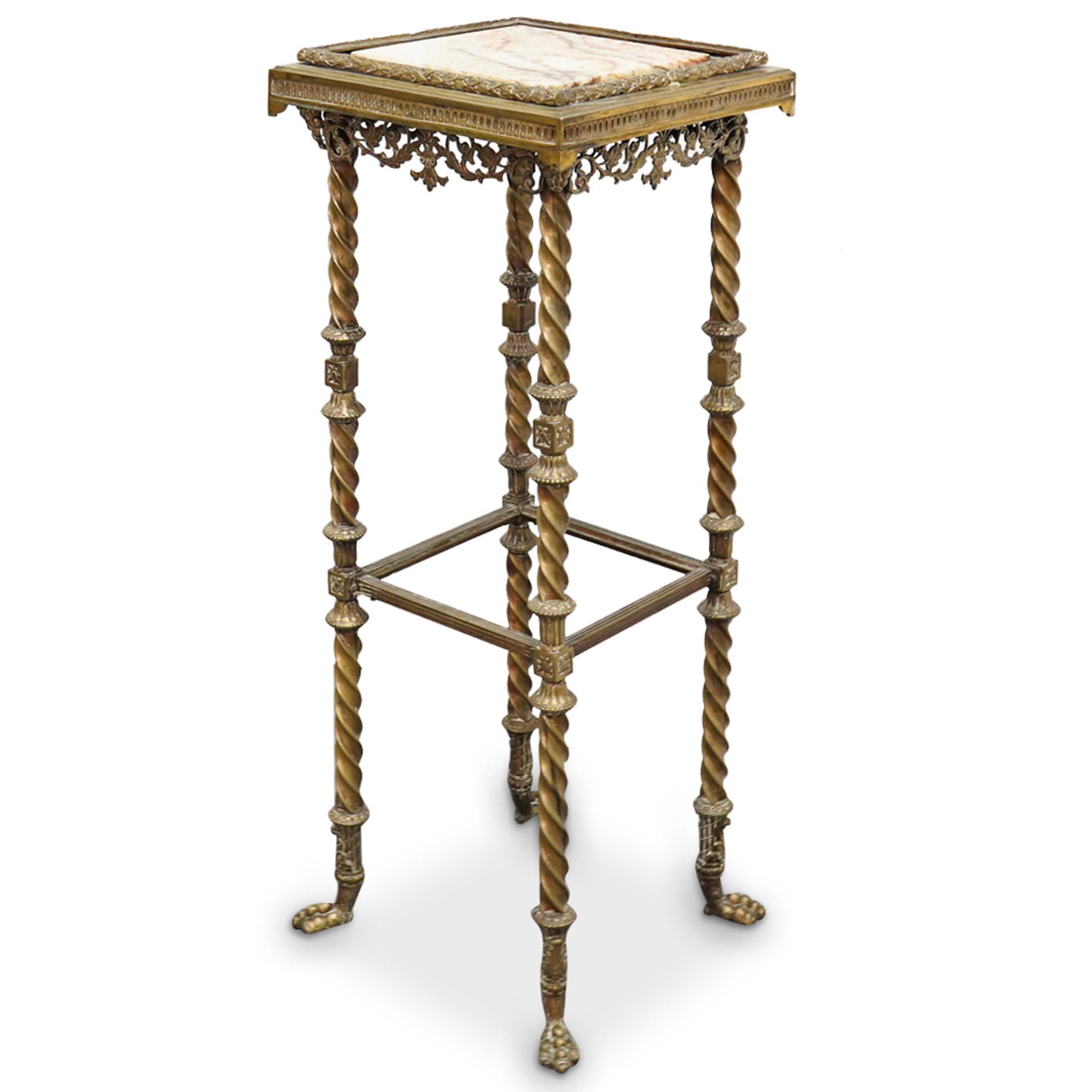 Antique Bronze Marble Top Pedestal With Twisted Legs: DESCRIPTION: Antique bronze pedestal featuring twisted legs, foliage designs on the skirts, and beast-form feet. Embellished with floral designs on the legs and foliage trimmings around an iron suppor