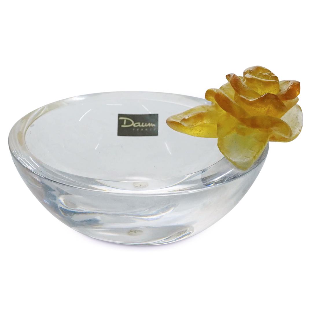 Daum Crystal "Coupelle Ronde Roses" Small Bowl: DESCRIPTION: A Daum crystal Coupelle Ronde Roses small bowl in clear crystal with an accent decoration depicting a rose, in amber-colored Pate de Verre. Signed "Daum France". CIRCA: 20th Century. ORIG