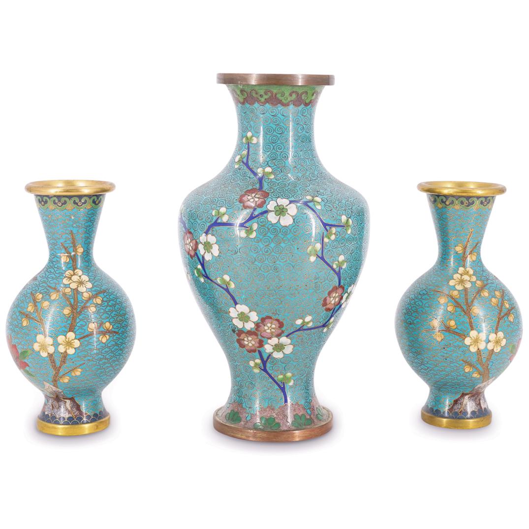 (3 Pc) Chinese Blue Cloisonne Vases (1 of 6)