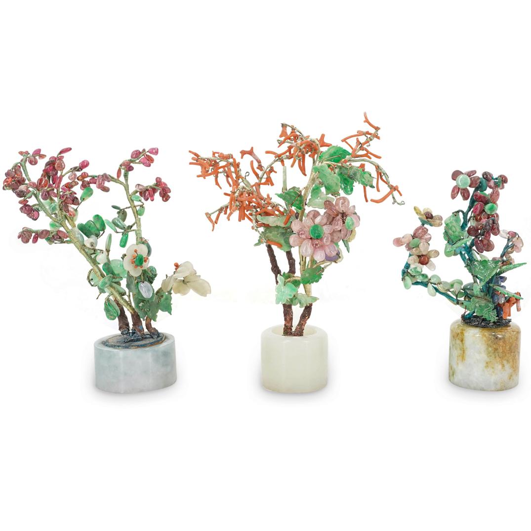 (3Pc) Chinese Coral & Jade Trees In Archer Rings (1 of 5)