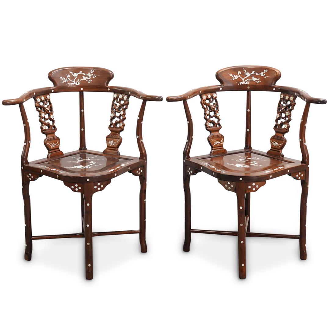 (2 Pc) Chinese Wood And Mother Of Pearl Inlaid Horseshoe Chairs (1 of 10)