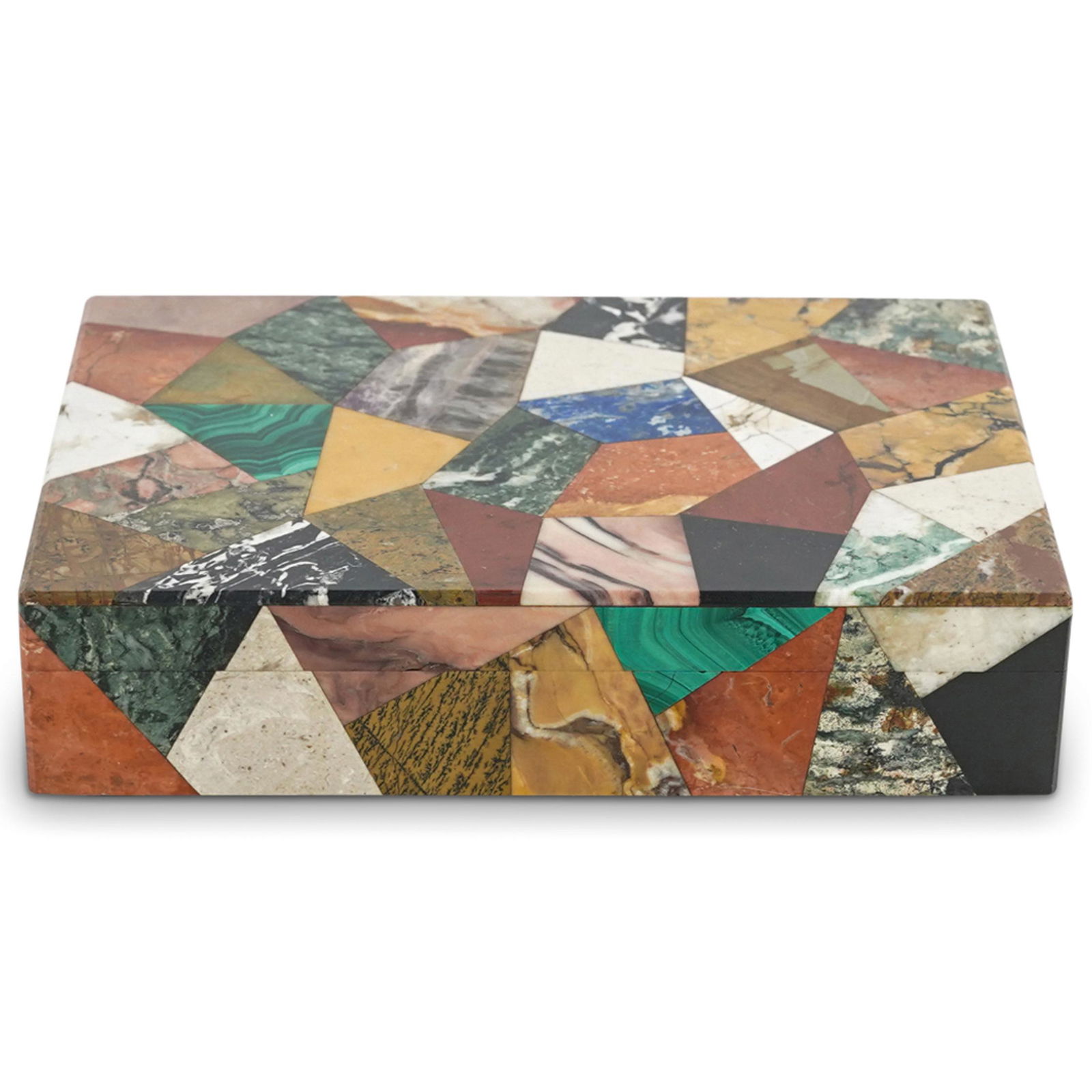 Pietra Dura Vanity Box: DESCRIPTION: Pietra dura vanity box featuring components of malachite, lapis lazuli, and other hard and semi-precious stones. CIRCA: 20th Century ORIGIN: Italy DIMENSIONS: H: 1.5" W: 4" L: 6" Have a s