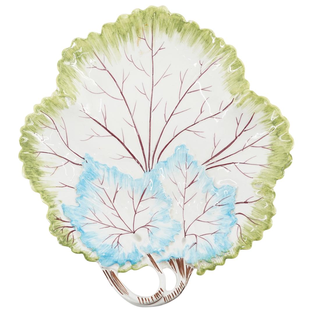 Mottahedeh Italian Majolica Porcelain Leaf Dish: DESCRIPTION: Mottahedeh Italian majolica porcelain leaf dish with purple branches leading out to green edges with two blue leaves at the base. Marked at the underside "Italy SG 360" and has a sticker 