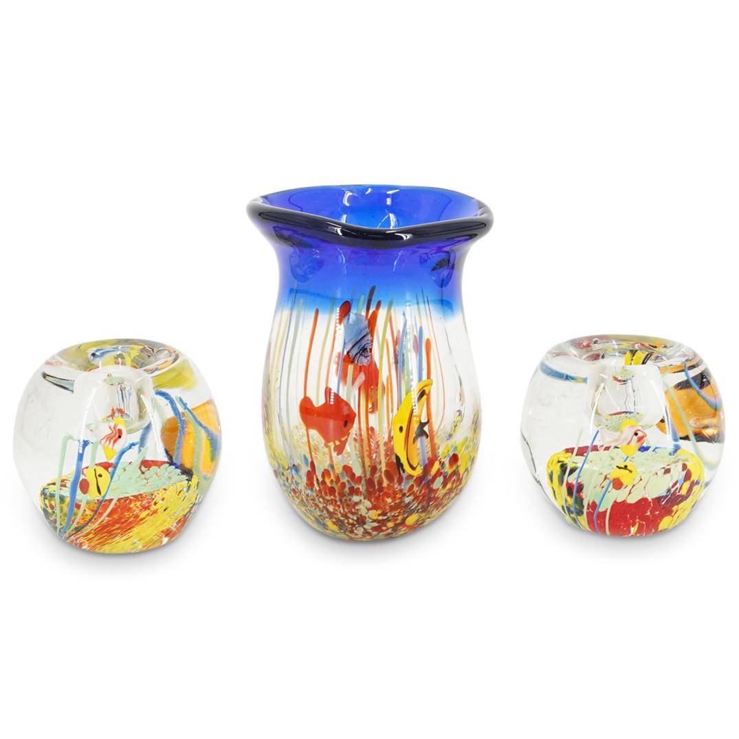 (3Pc) Murano Glass Vase and Candlestick Holders (1 of 4)