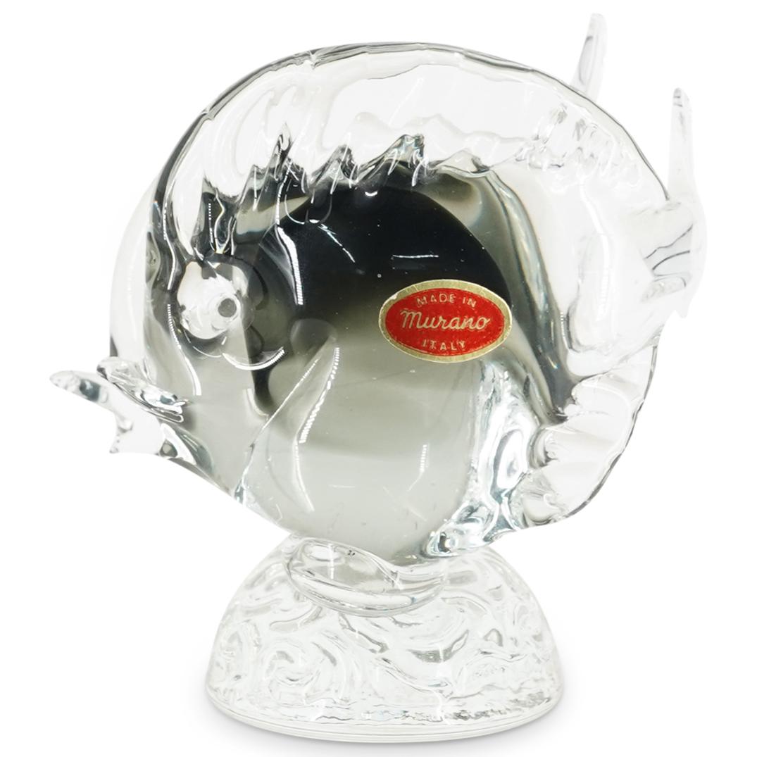 Vintage Murano Glass Fish Sculpture: DESCRIPTION: Vintage Murano glass double fish sculpture on iceberg formed base with smokey tinted inner design. Red foil "Made in Italy Murano" sticker at the side. CIRCA: 20th Century ORIGIN: Italy D