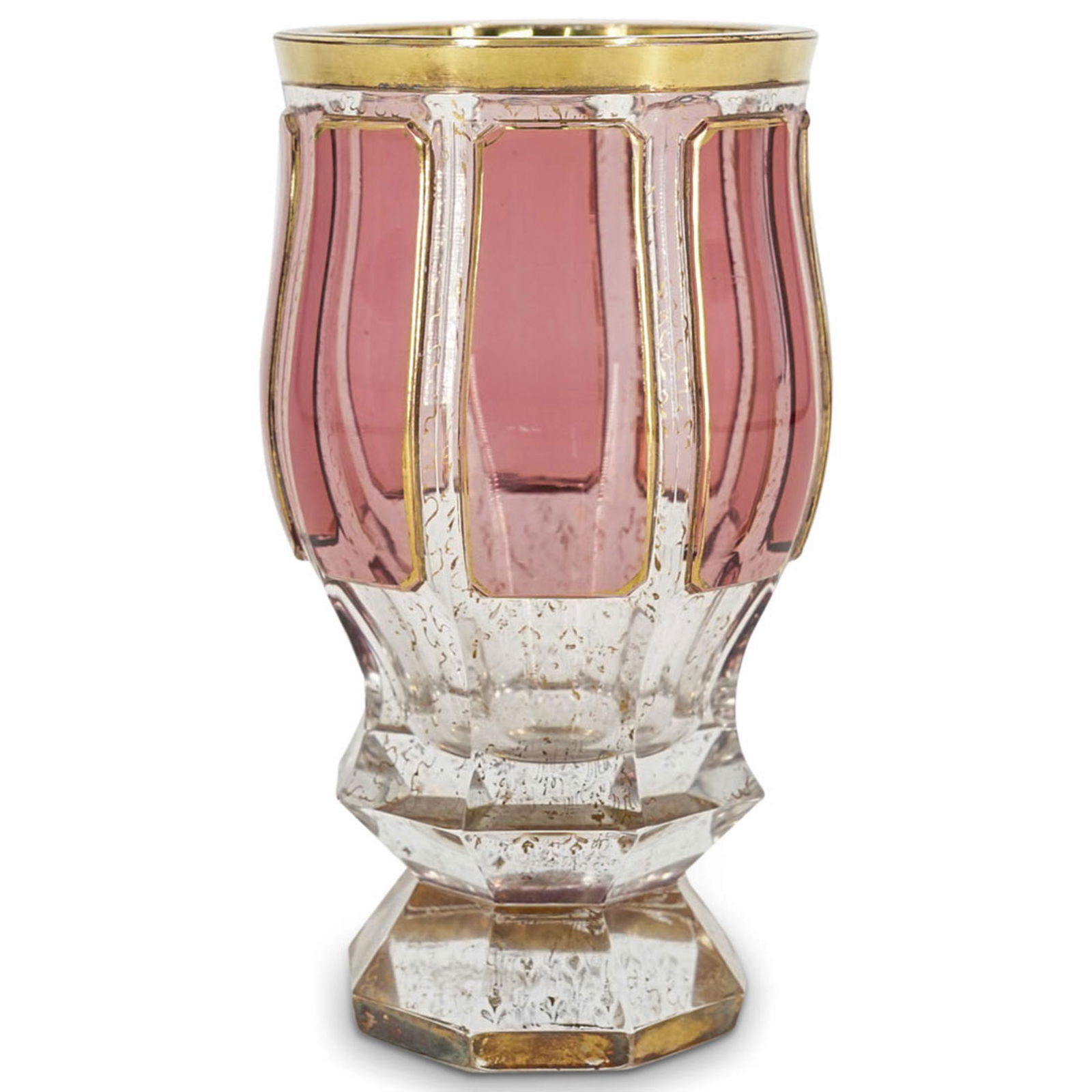 Kamenicky Senov School Bohemian Art Glass Goblet: DESCRIPTION: Bohemian art glass goblet featuring a clear foundation decorated with eight pink panels on the side and an octagonal stem and base. Embellished with a gilt foot and lip. Finished with gil