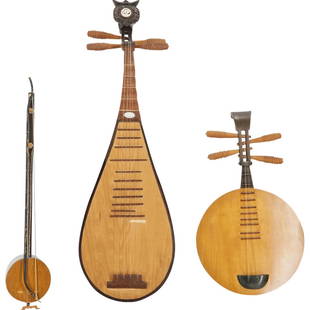 (3 Pc) Chinese Musical Instrument Lot: DESCRIPTION: Three Chinese musical instruments: a yueqin ("moon guitar"), a pipa (pear-shaped lute) and a huqin instrument (possibly an erxian). Each piece is complete and stringed with nylon strings.