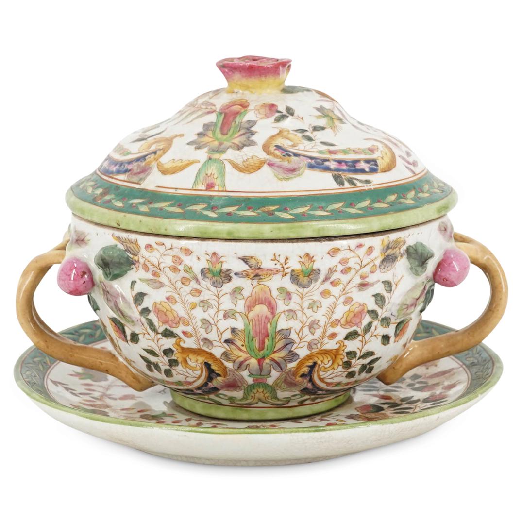 Chinese Crackled Porcelain Lidded Tureen & Underplate: DESCRIPTION: (2 Pc) A chinese crackled porcelain lidded tureen and underplate. Decorated with floral and foliage motifs, and further accented by a green rim, fruit branch-shaped handles and floral fin