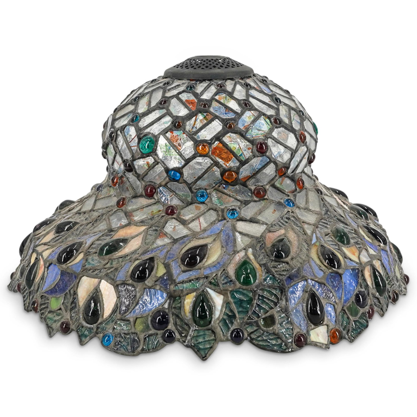 Antique Tiffany Style Stained Glass Lamp Shade: DESCRIPTION: Antique Tiffany style stained glass lamp shade with inlaid teardrop and cabochon large glass beads. CIRCA: Early to Mid 20th Century ORIGIN: USA DIMENSIONS: H: 8.75" X D: 16.25" CONDITION