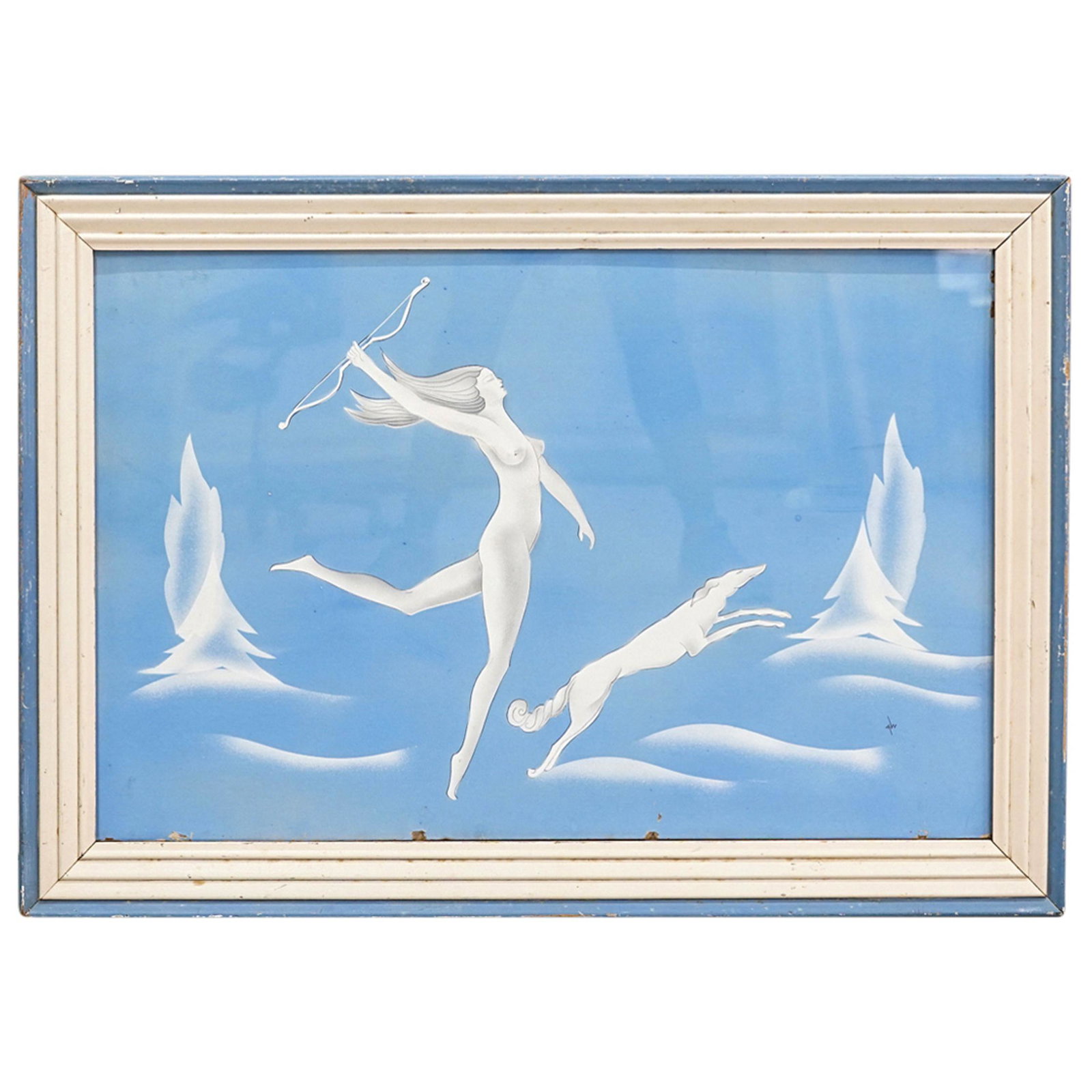 Vintage A.W. Nude Mixed Media Painting: DESCRIPTION: Vintage Mixed media painting of a nude woman running next to a dog with a bow in her hand, done on soft board. Minimalist style on blue painted background with spray paint and pencil deta