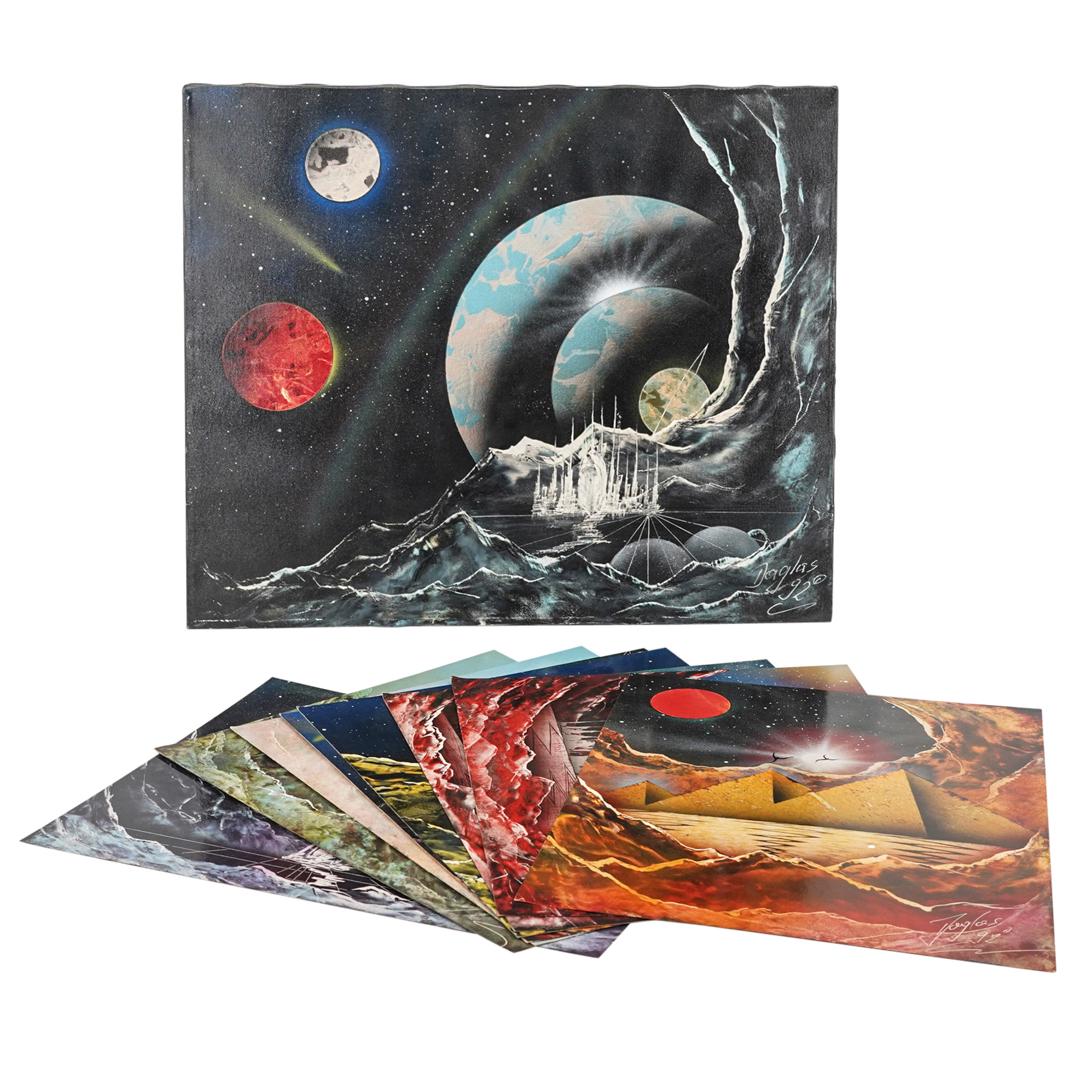 (9Pc) Douglas Spray Paint Art: DESCRIPTION: (9Pc) Douglas spray paint art from Coconut Grove in Florida. Done on glossy paper and one on a canvas. All signed "Douglas" and year at lower right. (1) Icy landscape with spires and stai