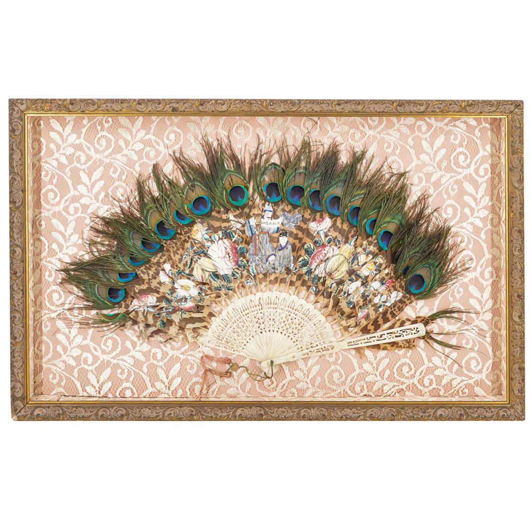 Antique Chinese Painted Peacock Feather & Bone Fan: DESCRIPTION: Antique Chinese fan composed of peacock feathers attached to open work bone base. Feathers are painted with polychrome depictions of flowers and two figures. Mounted in decorative wood fr