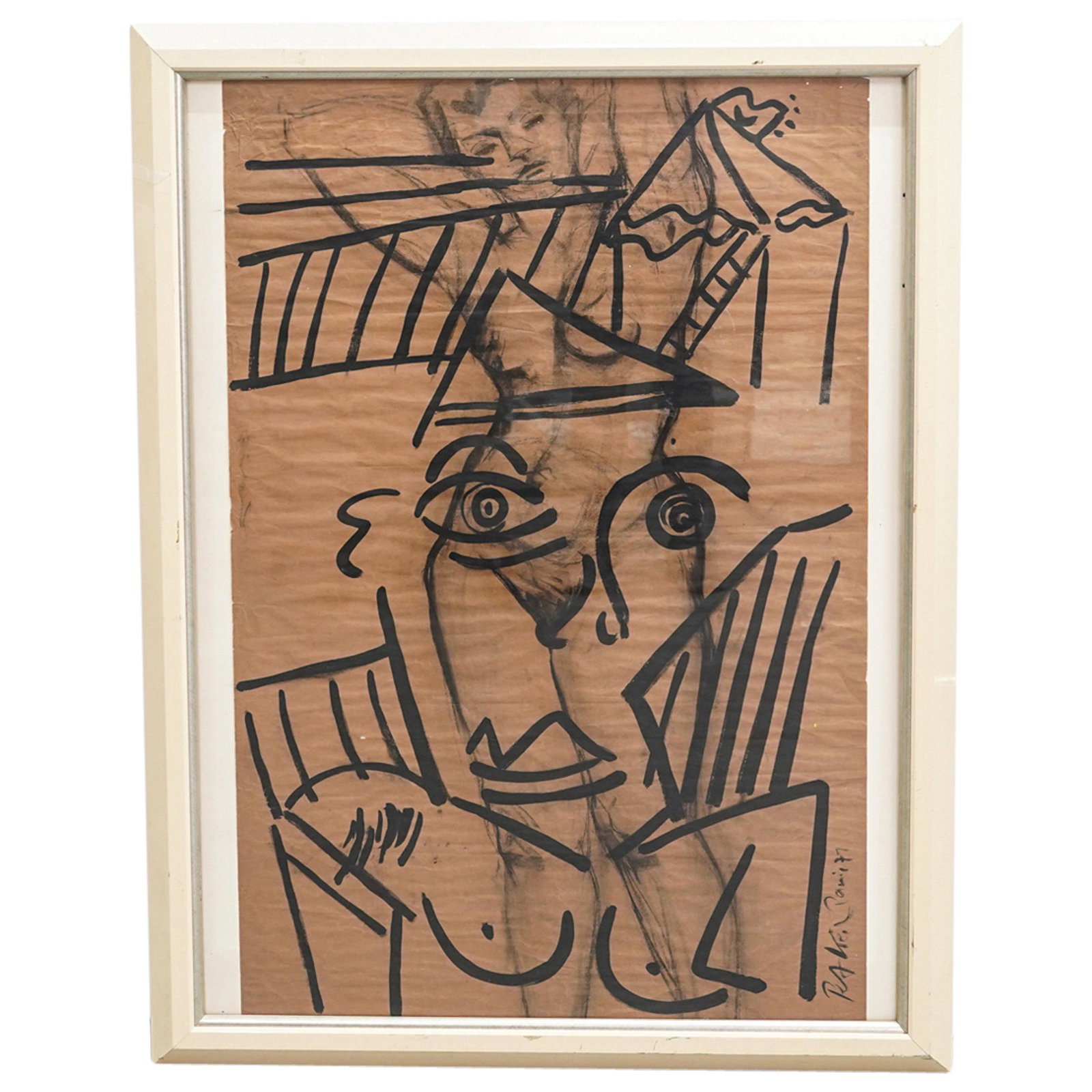 Peter Robert Keil (German, b. 1942) Abstract Mixed Media Painting on Paper: DESCRIPTION: Abstract expressionist mixed media painting on paper by German artist Peter Robert Keil (b. 1942). A nude woman done in charcoal and painted over with black acrylic paint in P. Keil's gra