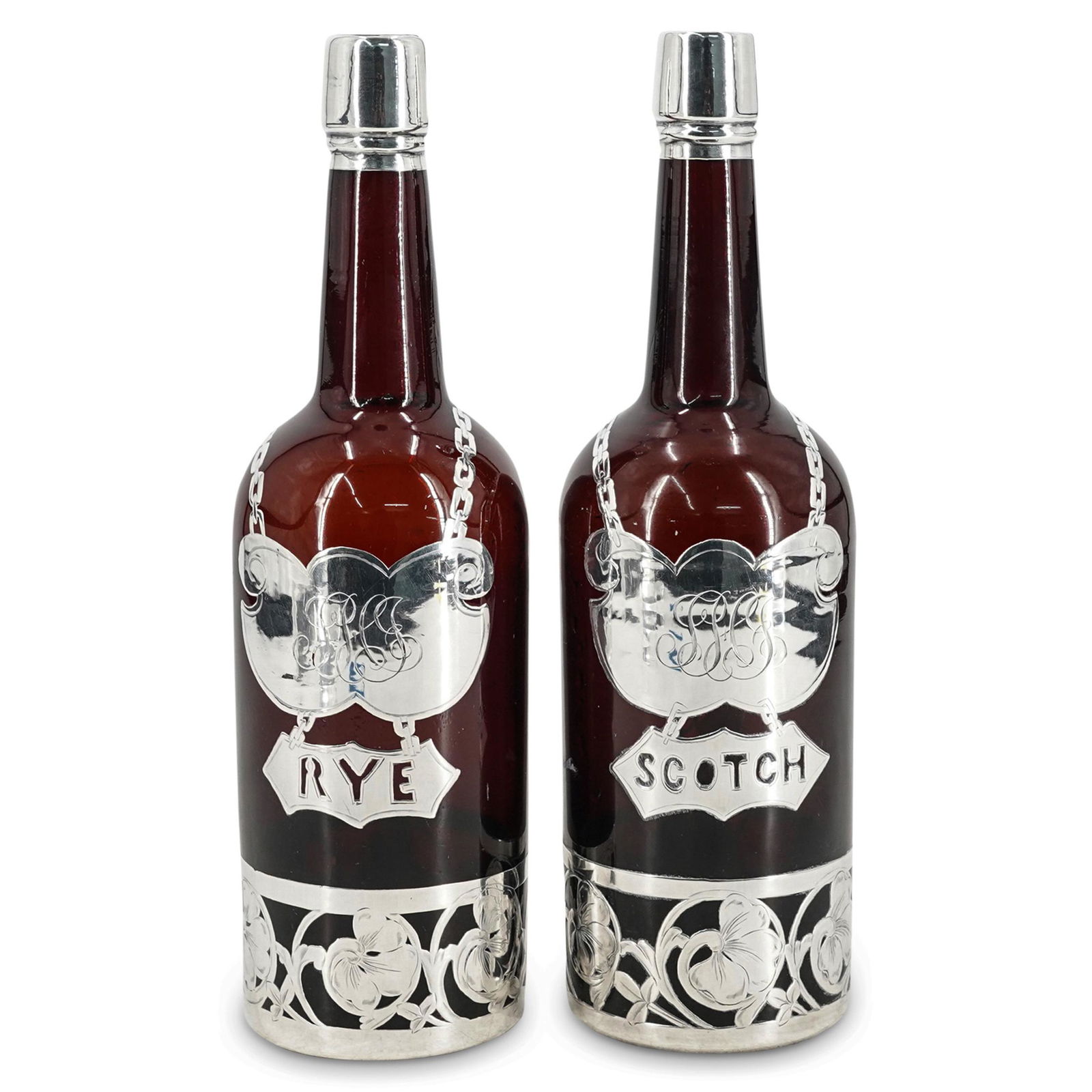 Pair Of Art Nouveau Silver Overlaid Ruby Glass Bottles (1 of 10)