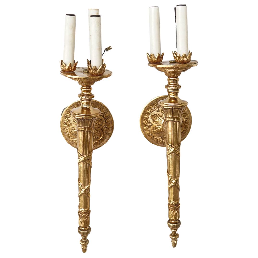 Pair of Louis XVI Style Bronze Dore Torch Sconces (1 of 5)