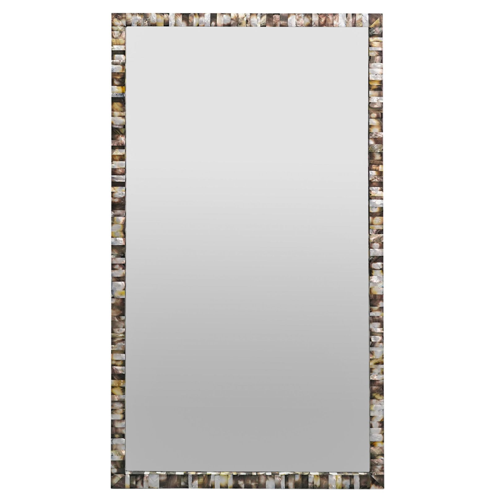 Abalone Tessellated Wall Mirror: DESCRIPTION: Rectangular wall mirror mounted in a tessellated avalone frame. CIRCA: 20th Century ORIGIN: Continental DIMENSIONS: H: 60.25" W: 1.75" L: 33.75" Have a similar item to sell? Contact: Info