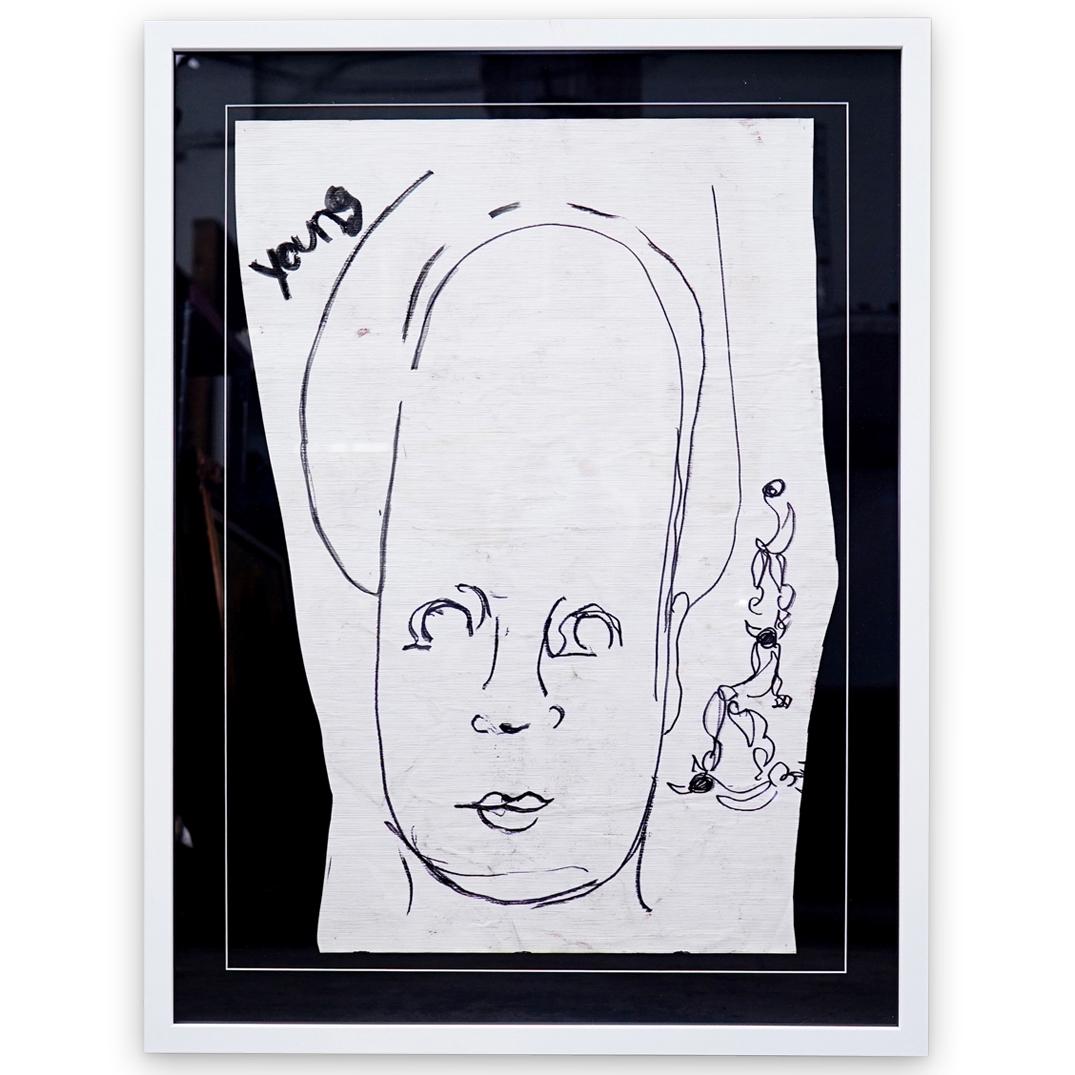 Purvis Young (American 1943-2010) Mixed Media Painting: DESCRIPTION: Purvis Young (American. 1943-2010) Mixed media painting featuring Young's iconic figural imagery on tarp (Found Object) Signed "Young" top left, mounted in modern white wood frame. CIRCA: