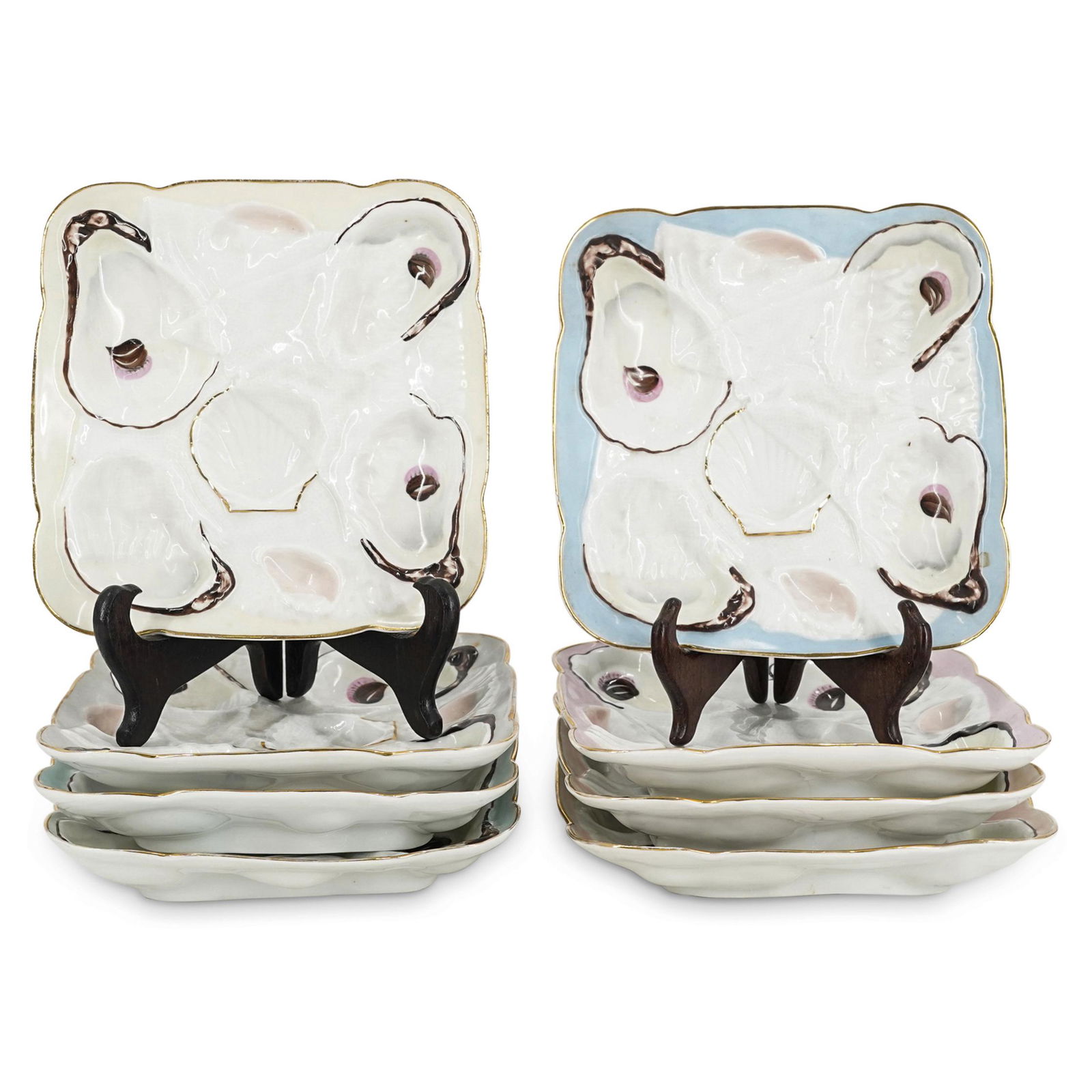 (8 Pc) Antique Square Oyster Porcelain Plates Set (1 of 9)