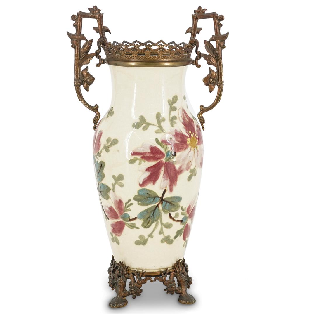 Antique French Faience Porcelain & Bronze Footed Vase (1 of 8)