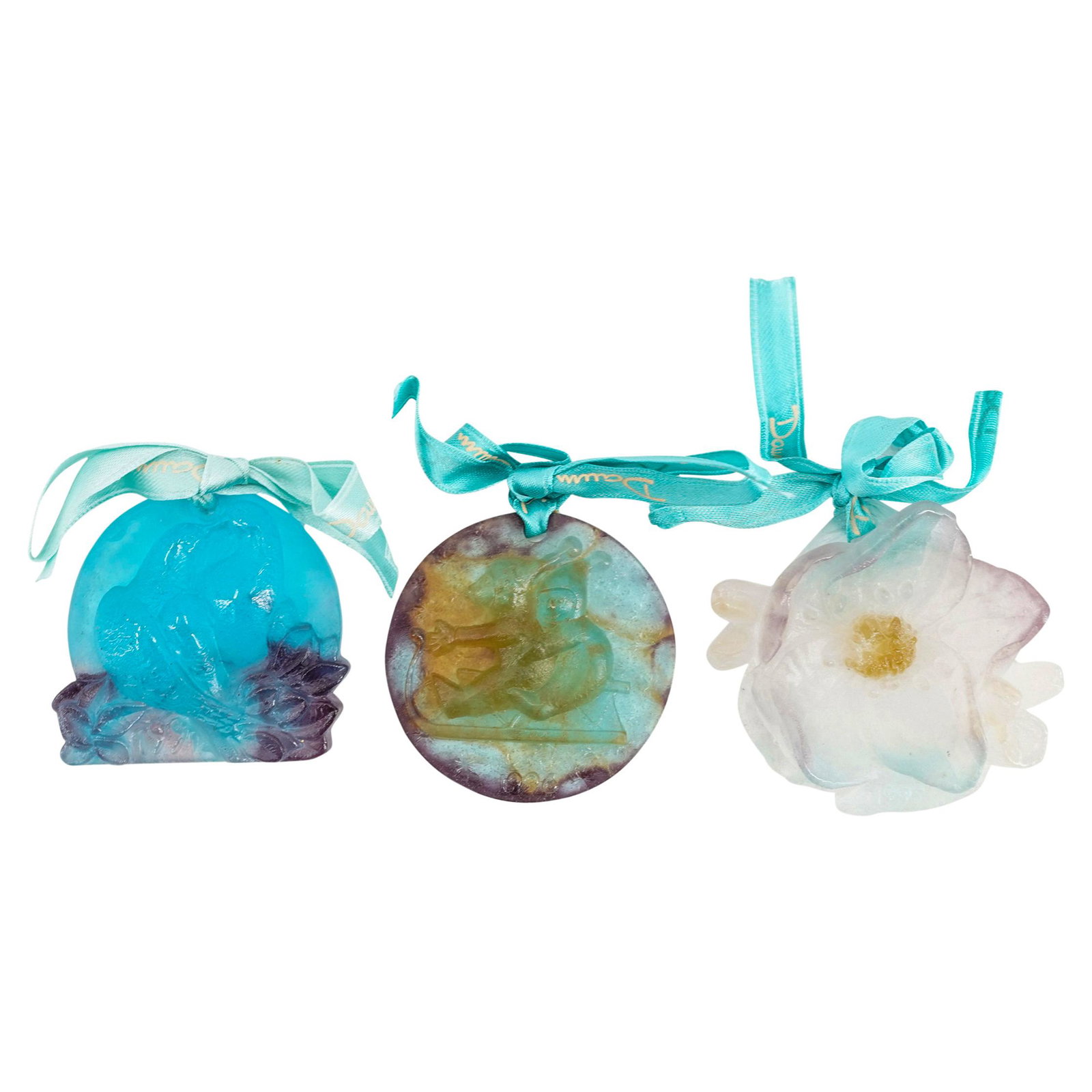 (3Pc) Daum Pate de Verre Ornaments in Box: DESCRIPTION: (3Pc) Daum Pate de Verre ornaments with different depictions in high relief, in original boxes with blue ribbons attached. (1) Pair of Lovebirds. Impressed lower "1991". (1) Two figures o