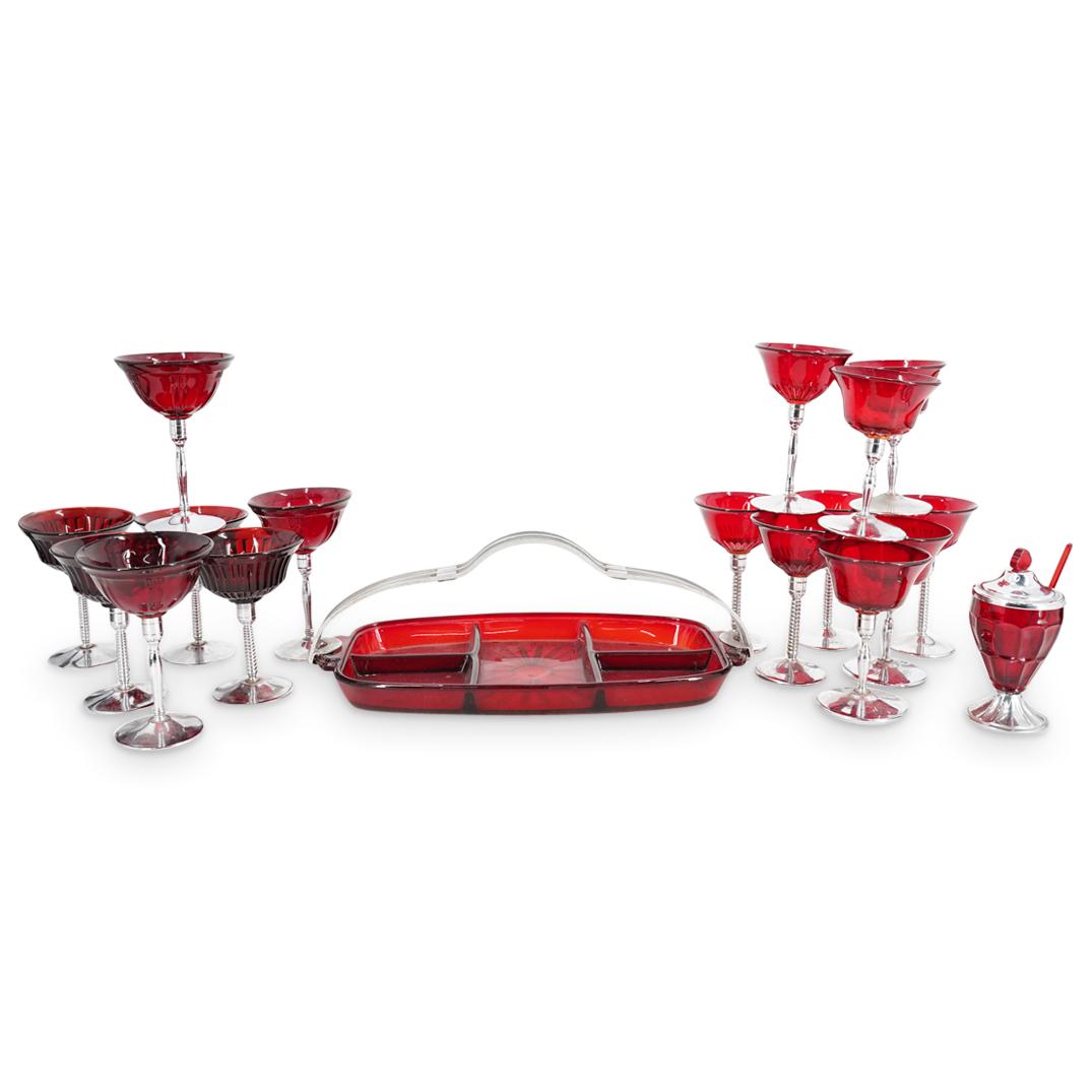(18 Pc) Ruby Red & Silvered Metal Glassware Set (1 of 6)