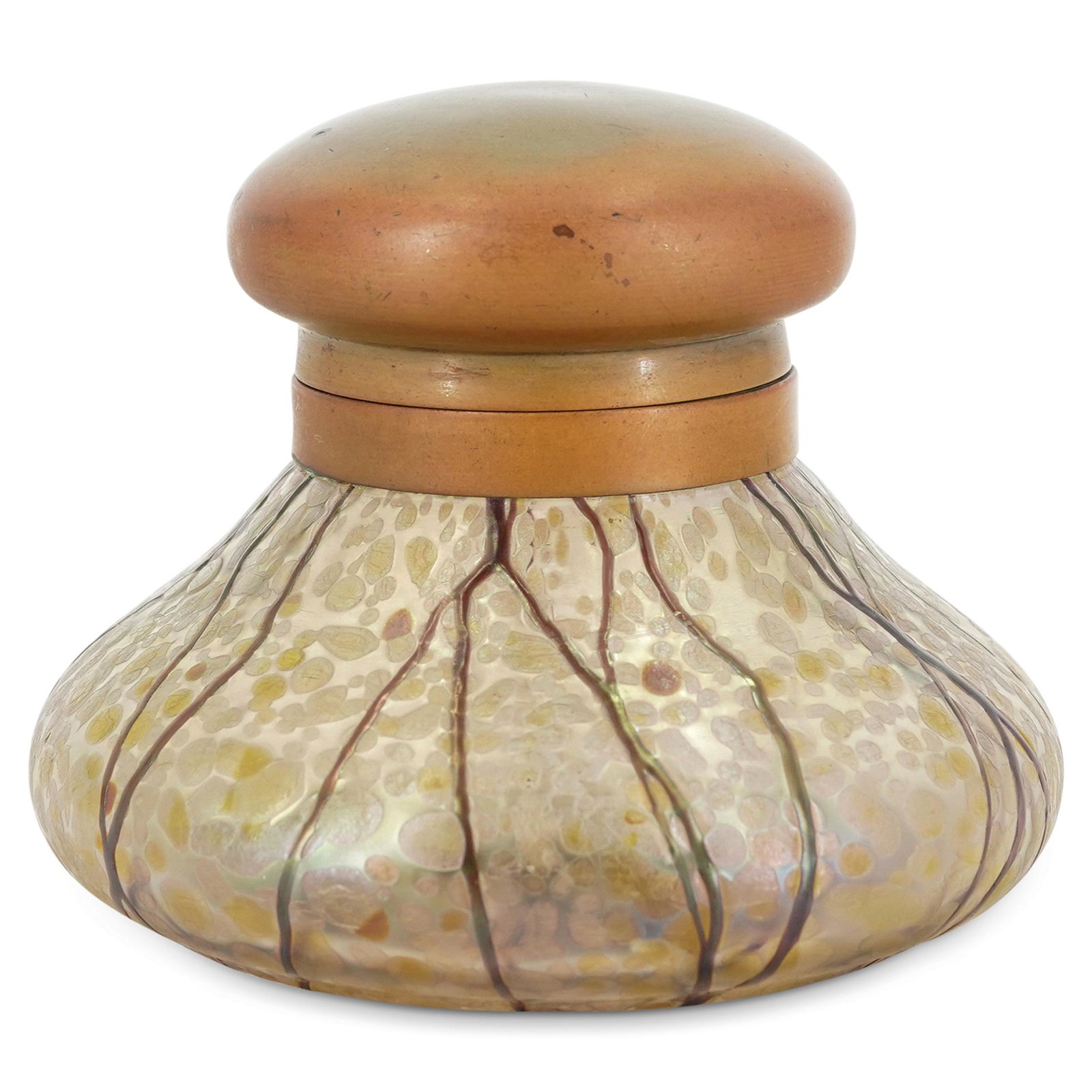 Art Glass Inkwell: DESCRIPTION: Inkwell featuring a yellow, art glass body embellished with brown branching lines. Finished with a hinged brass lid. CIRCA: 20th Century ORIGIN: European DIMENSIONS: H: 3.75" D: 4.5" Have