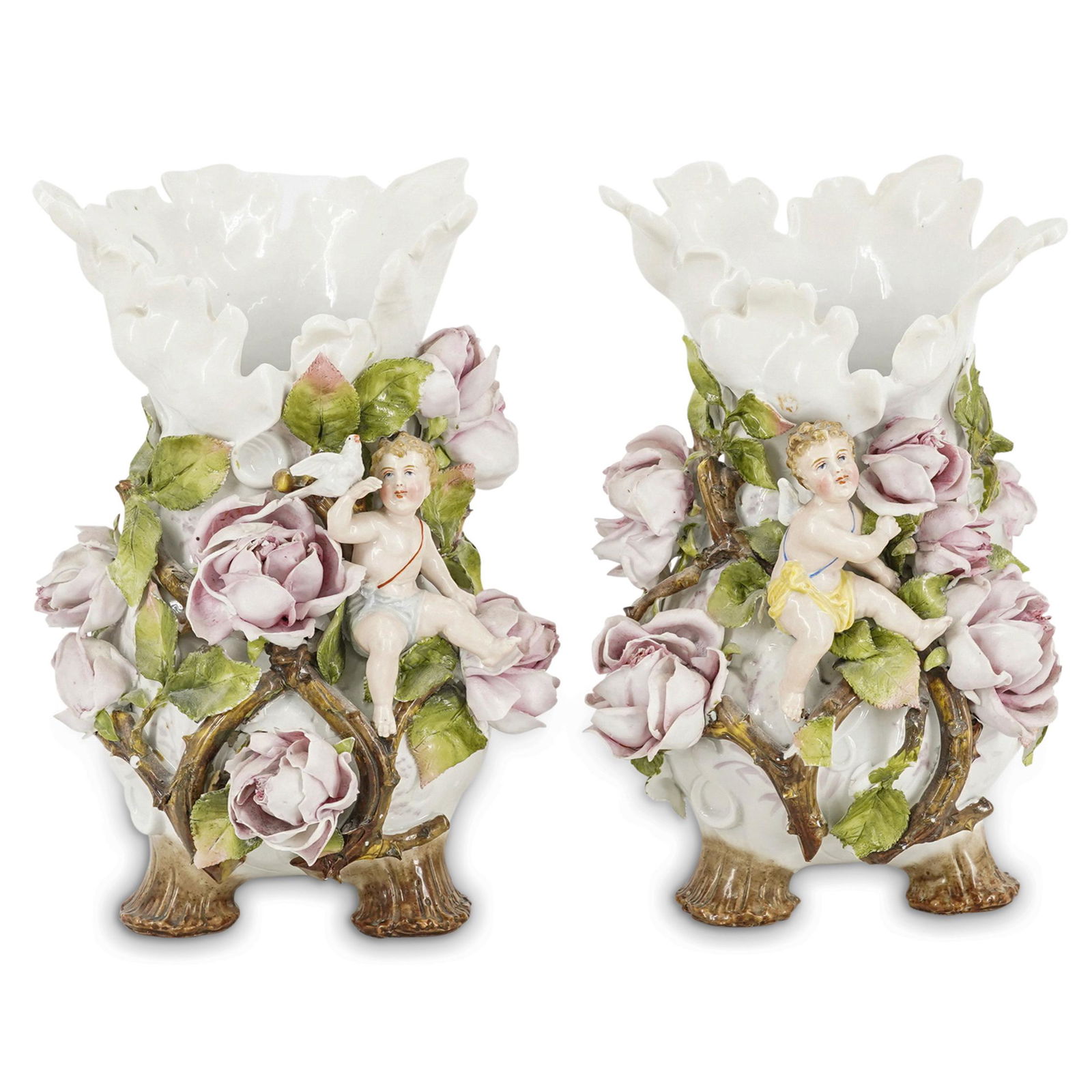 Pair Of German White Floral Putto Vases (1 of 9)